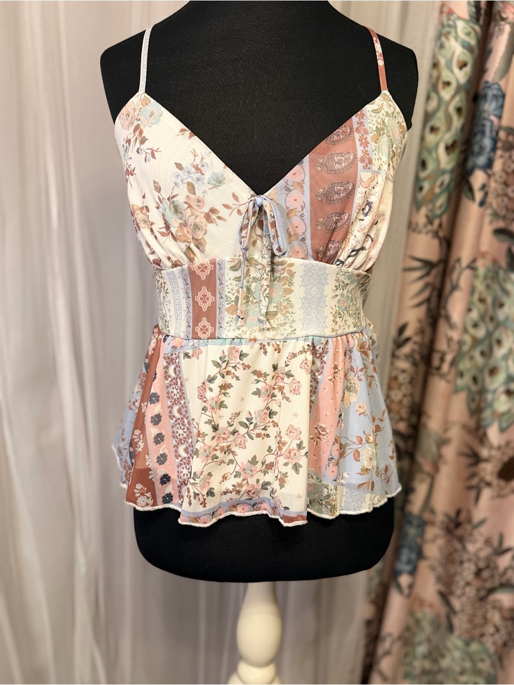 NWT Originality Patchwork Floral Peplum Cami Top Large Boho Y2K Made USA